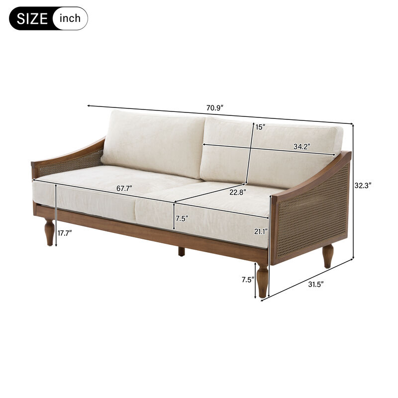 Merax Rubberwood Frame 2 Seater Chenille Loveseat Rattan Woven Side Panels with High-Density Foam Cushions image number 5