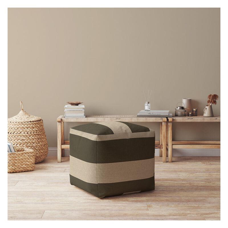 Homezia 17" Green And Beige Cotton Striped Pouf Ottoman image number 2