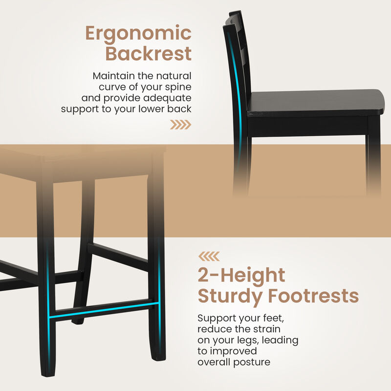 Wooden Bar Stools Set of 2 with Ergonomic Support and Footrest &ndash; Classic Bar Chairs