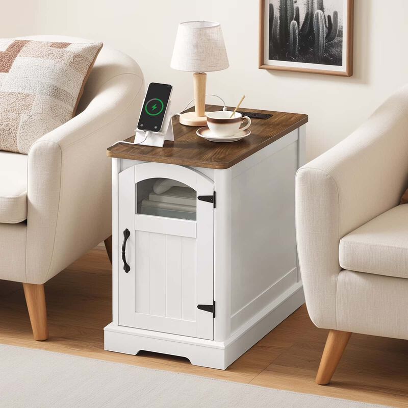 Side Table with USB Charging Station, Adjustable Shelf and Glass Door-White image number 1