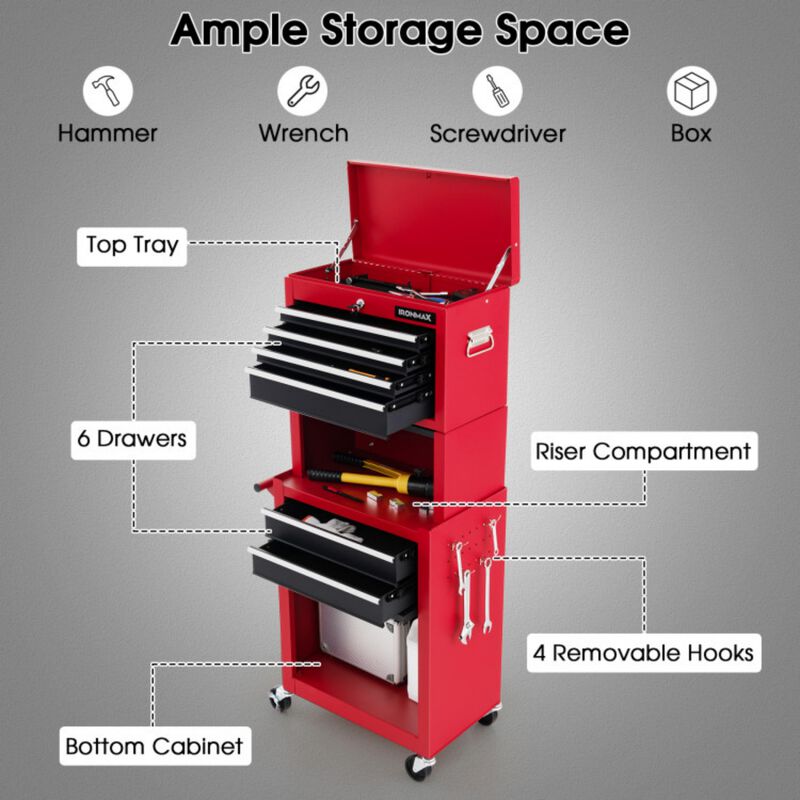 6 Drawer Rolling Tool Chest with Detachable Top Box and Lockable Wheels image number 7