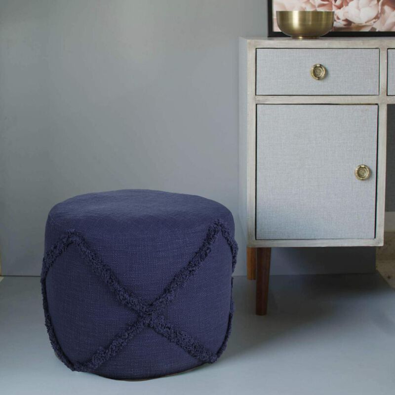 Hivvago 18 Inch Blue Cotton Cylinder Geometric Pouf Ottoman