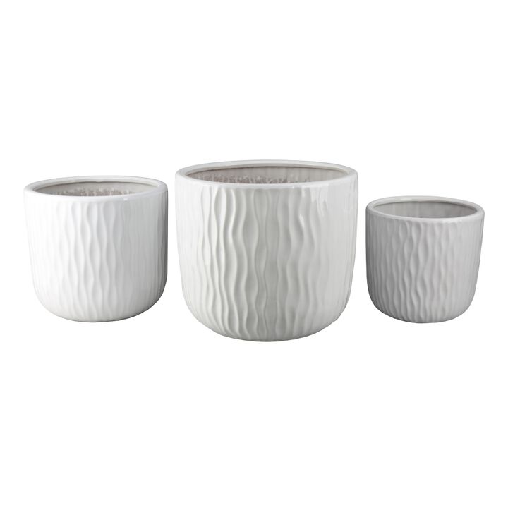 Kena Planter Set of 3, White Ceramic, Wave Texture Indoor, 13 10 8 Inch