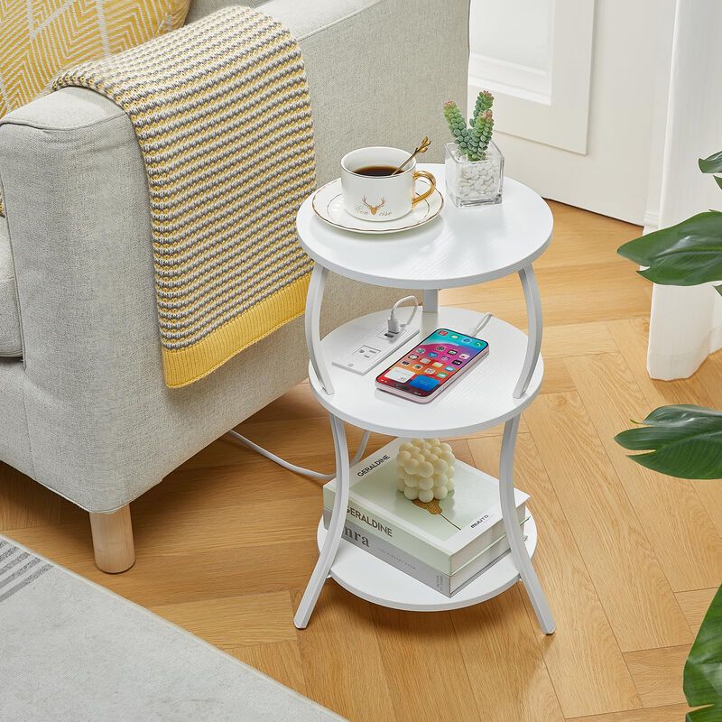 Small Round Side Table with Charging Station, 3-Tier Waist Circular End Table with Storage Shelf, Compact Tea Sofa Side Table Sm