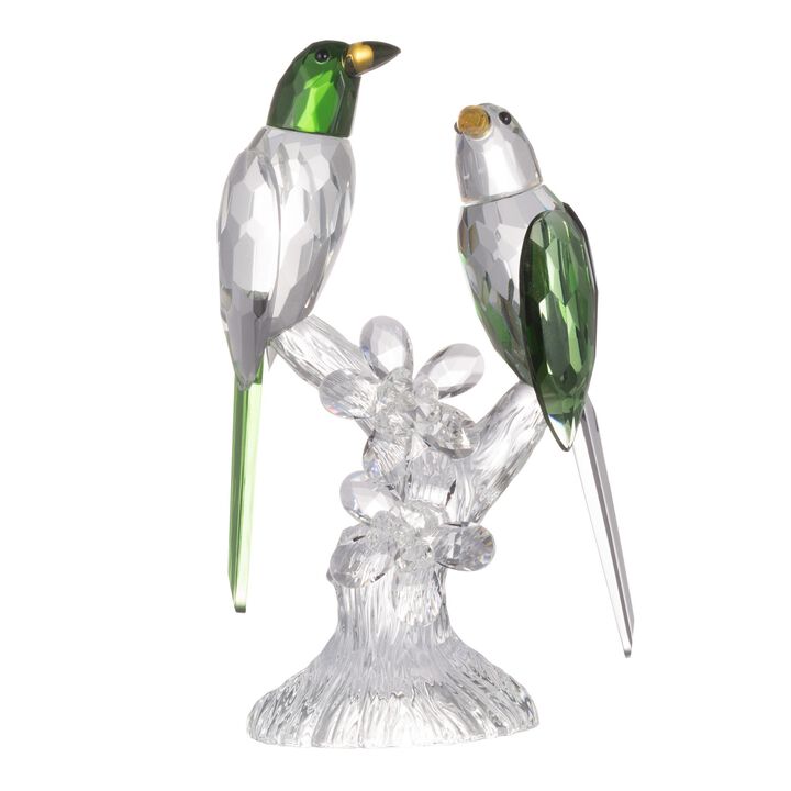 9 Inch 2 Parrots Sculpture Figurine Accent, Clear and Green Faceted Glass-Benzara