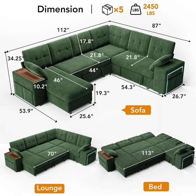 Vipbear 112" U-Shaped 7-Seat Modular Chenille Sectional Sleeper Sofa, Pull Out Bed Reclining Couch image number 1