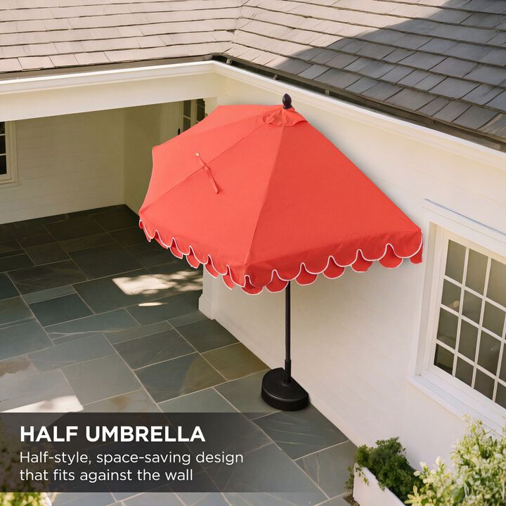 Terrace Arc 9 ft. Classic Dark Brown Pole MidCentury Scalloped Fringe Market Patio Half Umbrella with Crank, Tilt Button and UV Protection