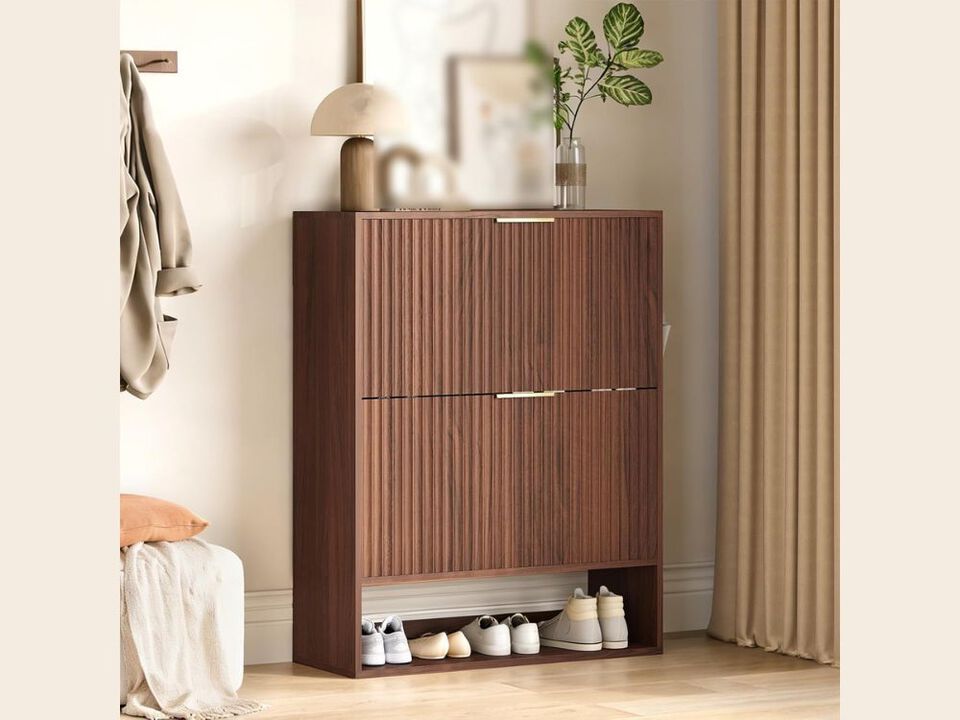 Slim Entryway Shoe Storage Cabinet Flip Drawer White Fluted