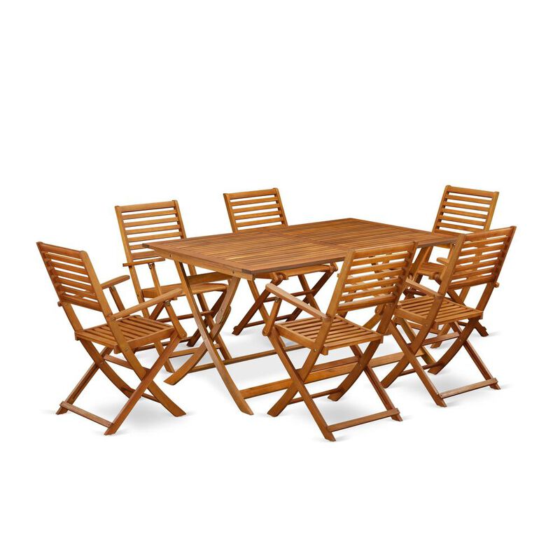 East West Furniture 7 Piece Bistro Table Set Outdoor- Great for The Beach, Campy, Picnics - Wonderful Wood Folding Table with 6 Arms Less Modern Dining Chairs- Natural Oil Finish