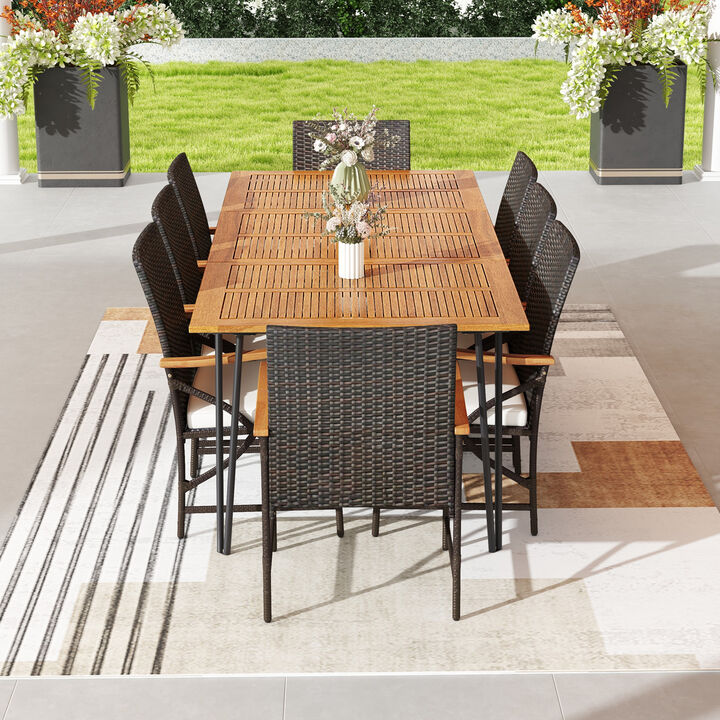 Outdoor Wicker Furniture Set – 8 Cushion Armchairs & Acacia Dining Table