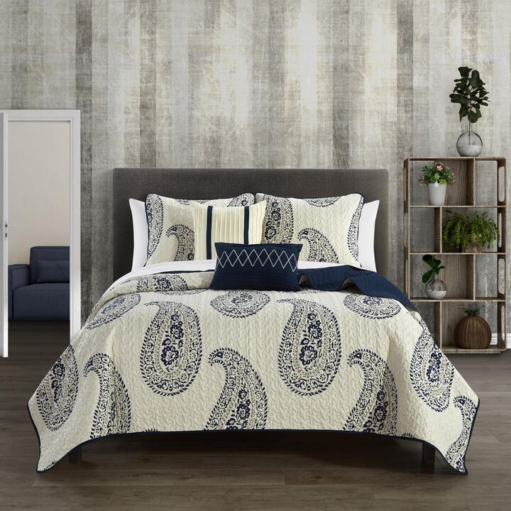Chic Home Safira Quilt Set Contemporary Two-Tone Paisley Print Bedding - Decorative Pillows Shams Included - 5-Piece - Queen 90x90", Navy