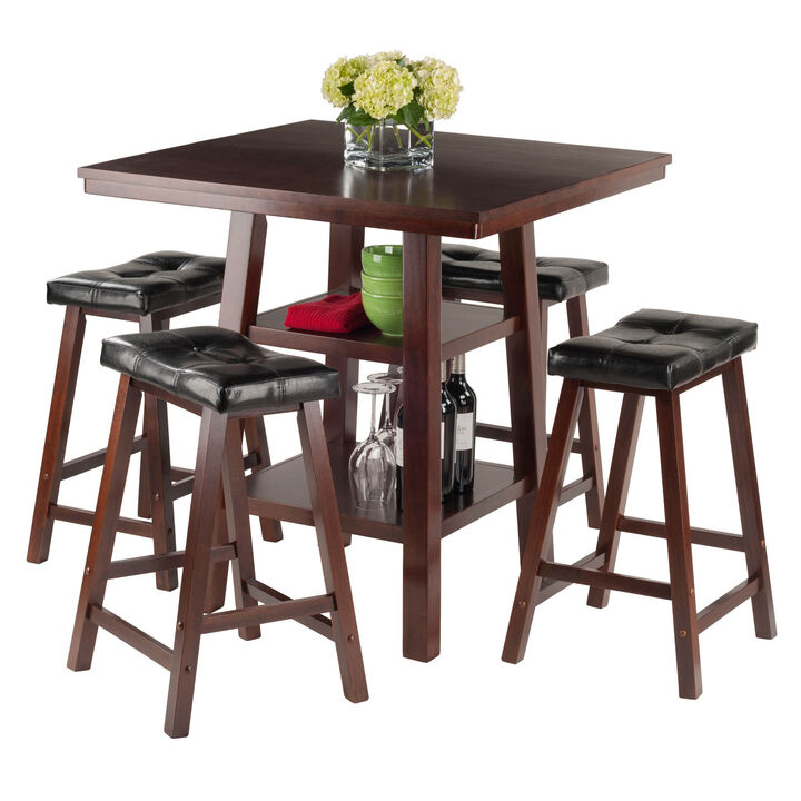 Orlando 5-Pc High Table with Cushion Seat Counter Stools, Walnut and Black