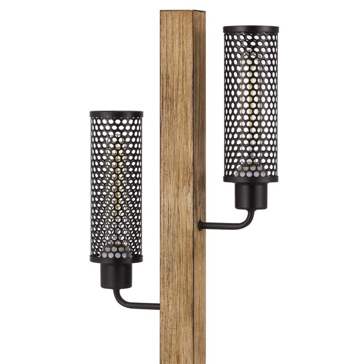 Wooden Table Lamp with 2 Metal Mesh Shades, Brown and Black - Benzara