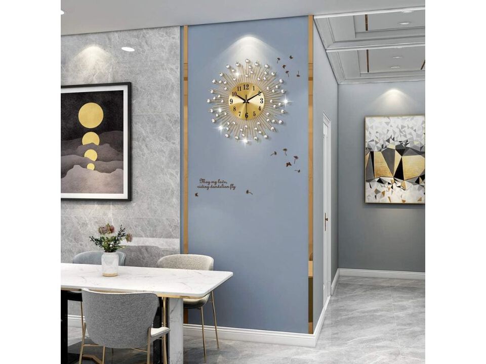 14" Large Gold Wall Clock - Silent Non-Ticking Battery Operated Crystal Metal Decor for Living Room & Office