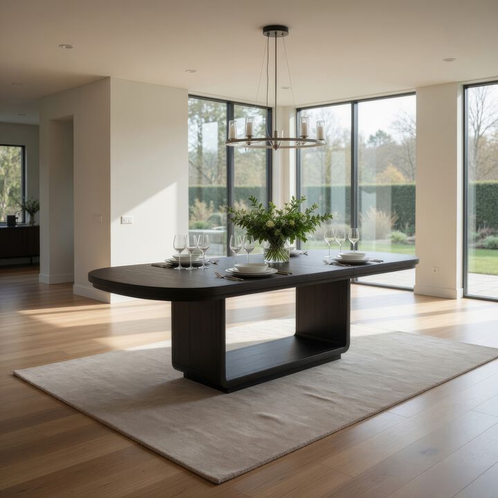 Lina Dining Table, 78-96 Inch Extendable Top, Open Base, Burnished Black
