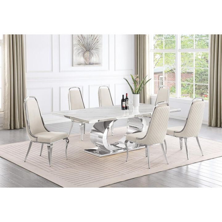 Best Quality Furniture 7pc Large (87) marble top dining set with silver base and 6 Cream side chairs