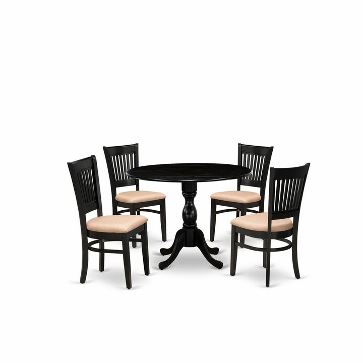 East West Furniture - DMVA5-BLK-C - 5-Piece Kitchen Dining Room Set- 4 Wood Chair with Linen Fabric Seat and Slatted Chair Back - Drop Leaves Kitchen Dining Table - Black Finish