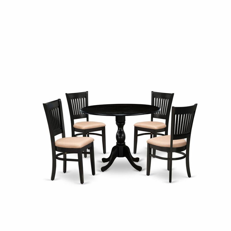 East West Furniture - DMVA5-BLK-C - 5-Piece Kitchen Dining Room Set- 4 Wood Chair with Linen Fabric Seat and Slatted Chair Back - Drop Leaves Kitchen Dining Table - Black Finish