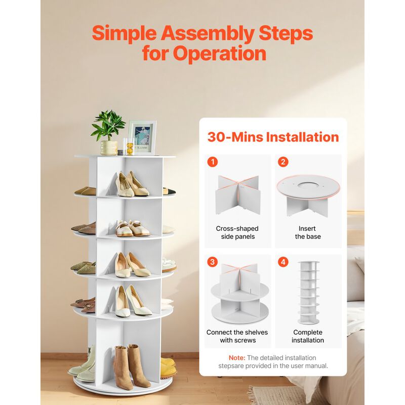 5 Tier Revolving Shoe Rack, Freestanding Round Shoe Storage Organizer - White image number 7