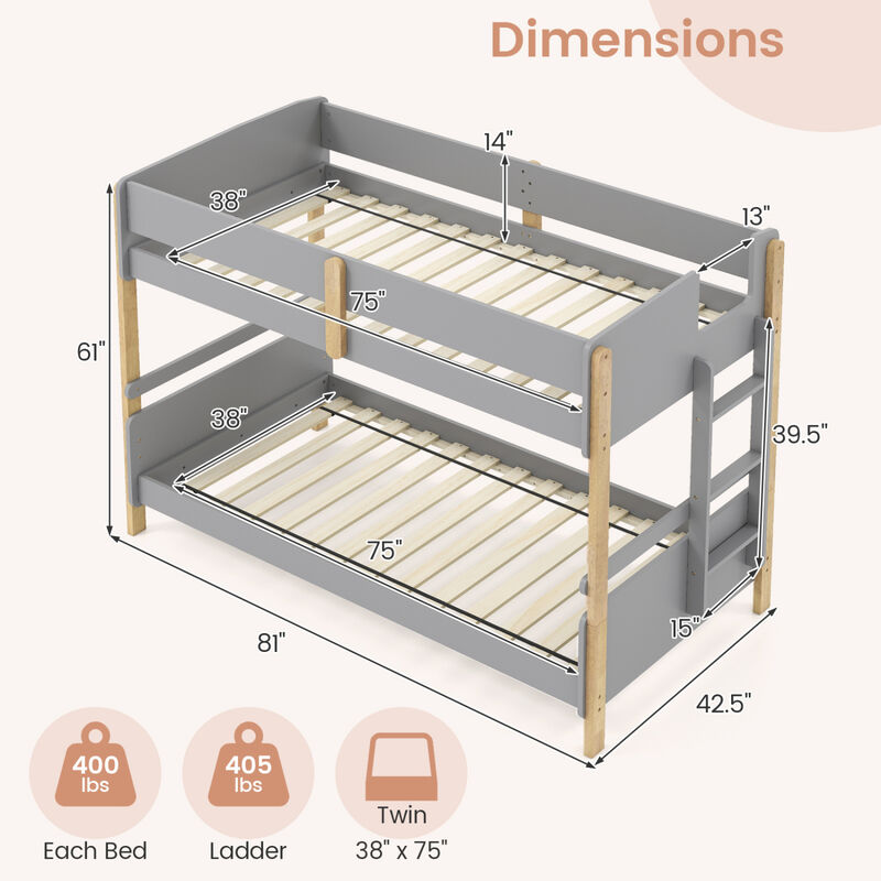Twin Over Twin Bunk Bed with Ladder Converts to 2 Twin Beds Wood Frame image number 2