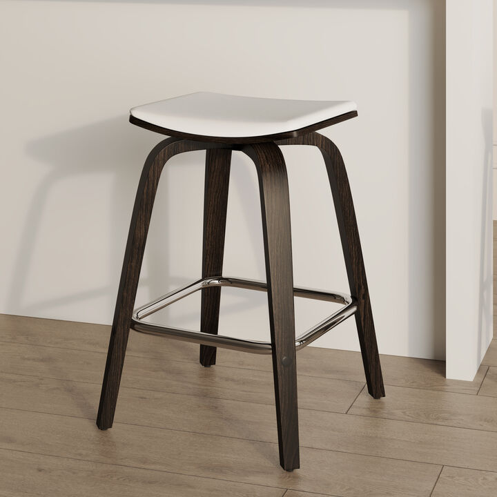 LeisureMod Square Counter Stool Upholstered in Leather with Poplar Wood Frame and Chrome Iron Footrest 360-Degree Swivel for Modern Home, Kitchen, Bars Pelya Collection