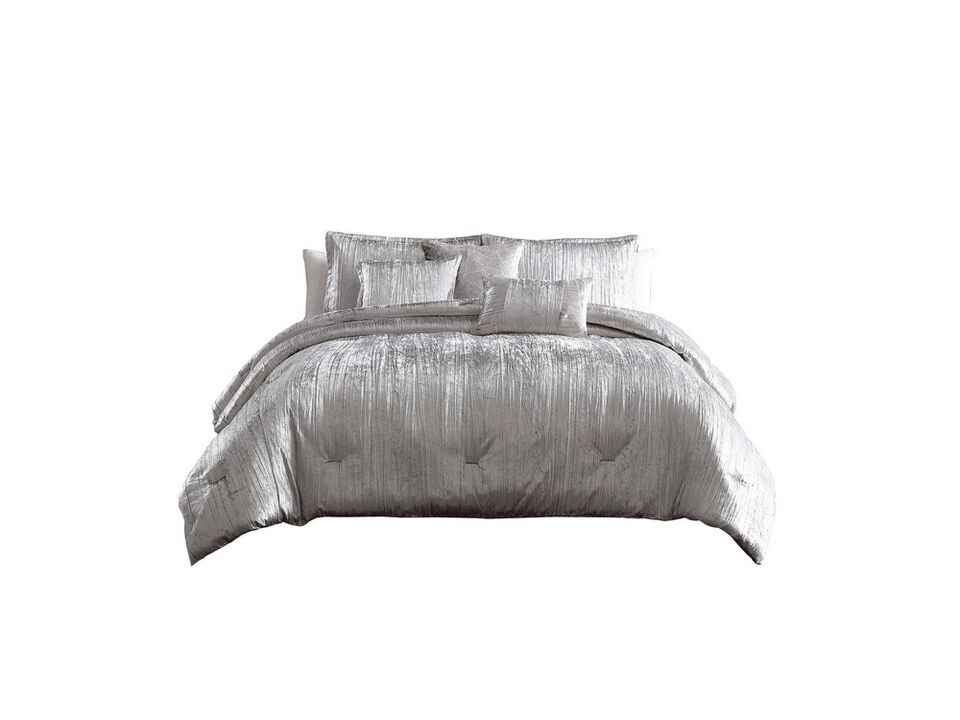 King Size 7 Piece Fabric Comforter Set with Crinkle Texture, Silver - Benzara