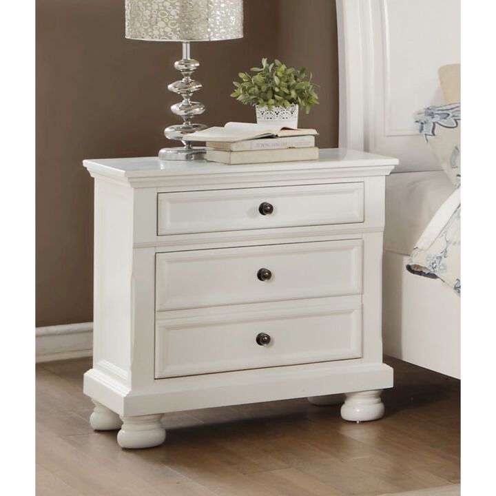 Transitional Style Two Drawer Wooden Night Stand with Round Bun Legs, White-Benzara