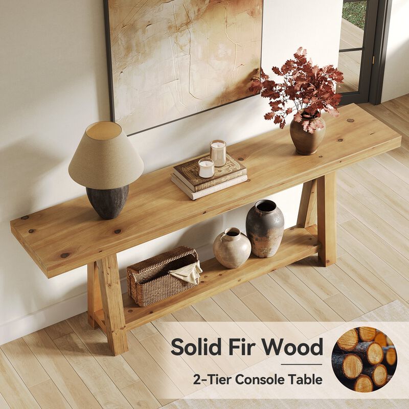 Solid Wood Sofa Console Table with Storage Shelves for Entryway-Light Wood Color image number 6