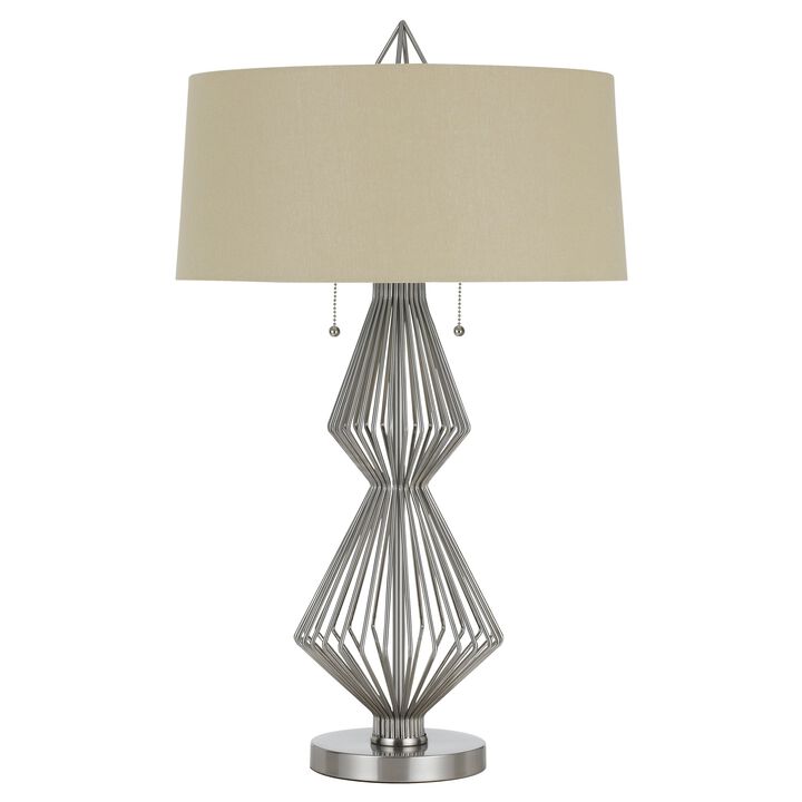 Geometric Body Metal Table Lamp with Fabric Drum Shade, Silver and Beige-Benzara