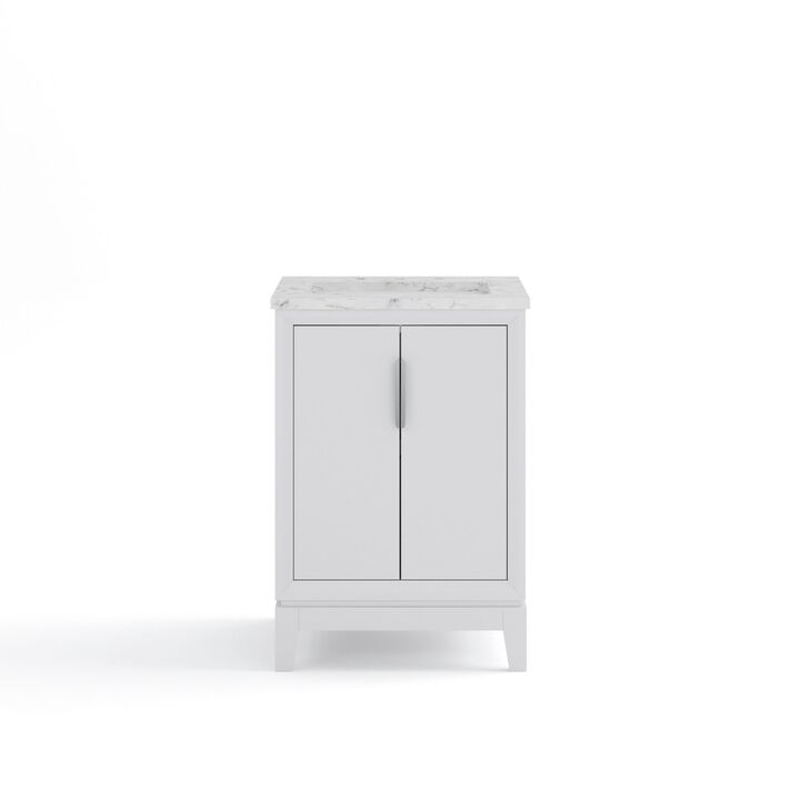 Elizabeth 24 In. Single Sink Carrara White Marble Countertop Bath Vanity In Pure White with Brushed Silver Hardware
