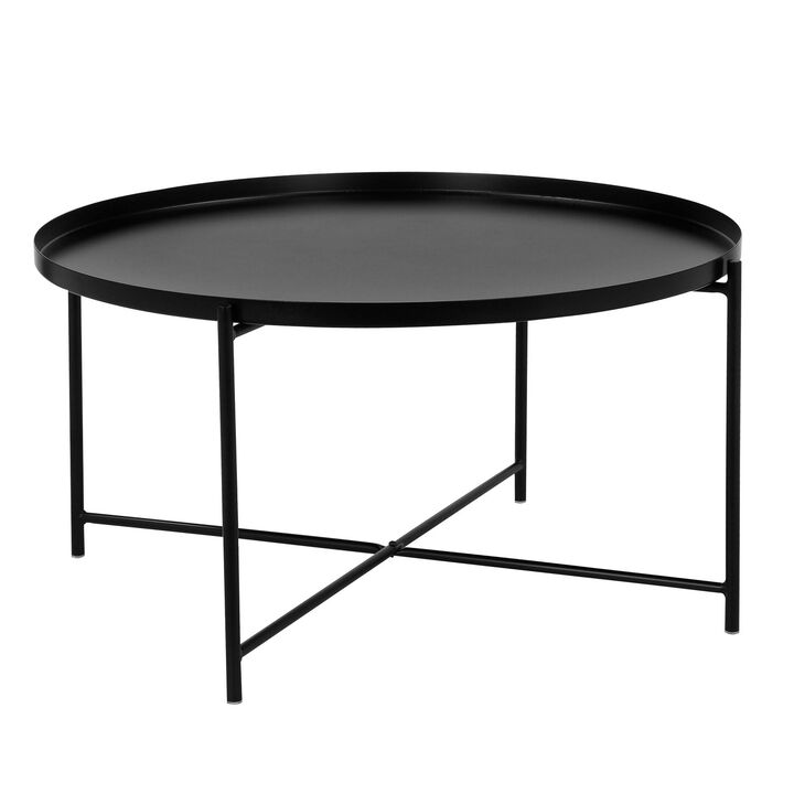 Ely 33 Inch Coffee Table, Round Tray Top, Cross Base, Black Metal Finish