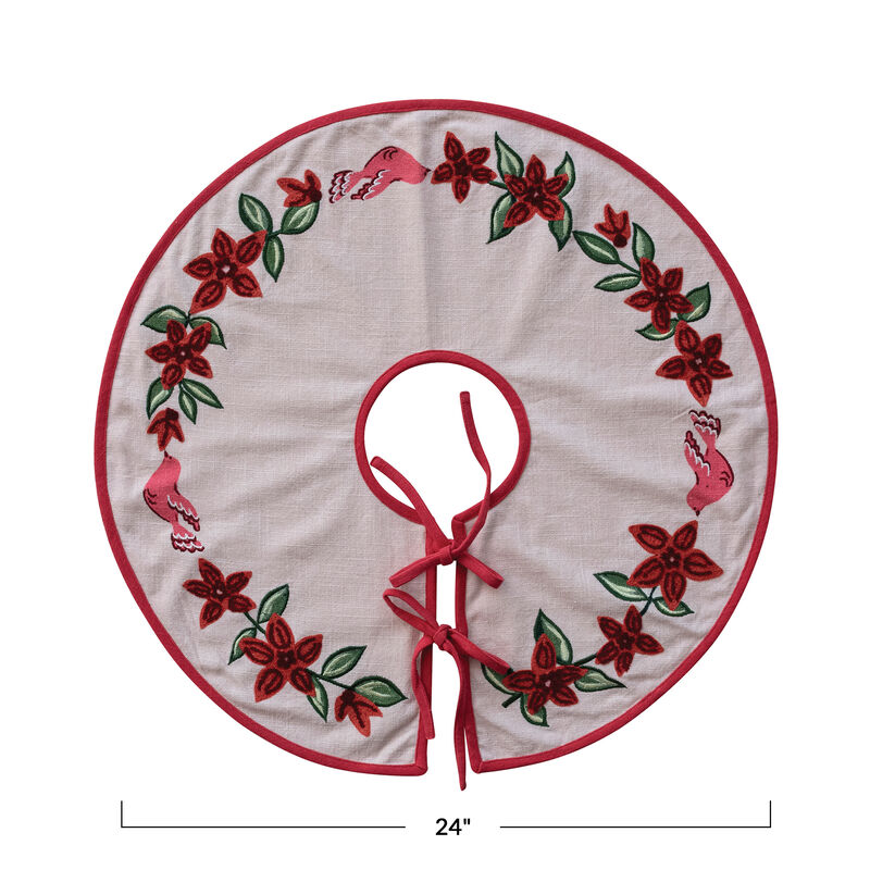 Embroidered Cotton Tree Skirt with Birds & Poinsettias image number 1