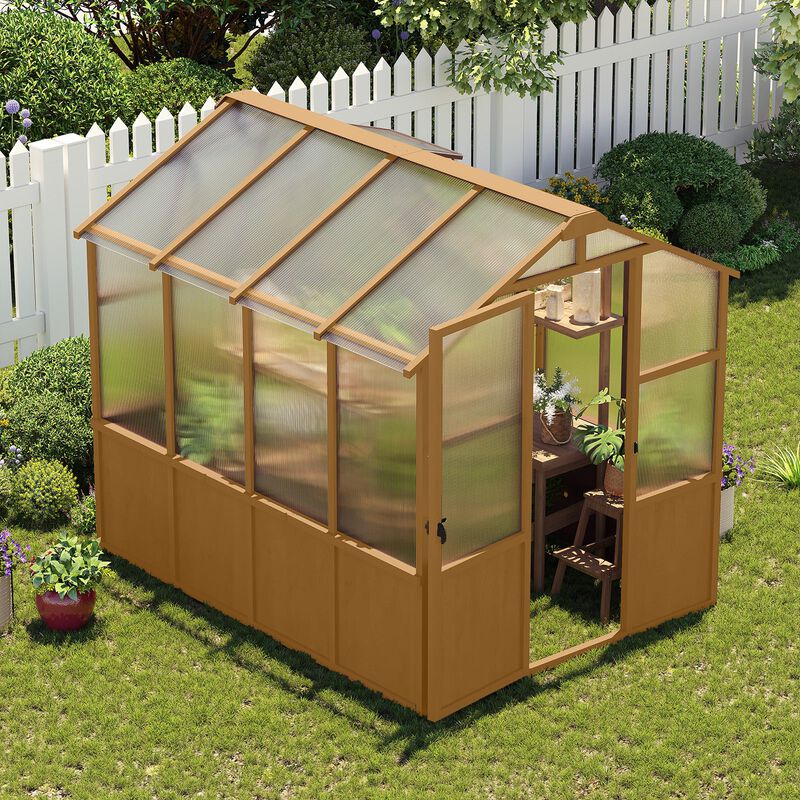 6x8 FT Greenhouse, Wooden Walk-in Greenhouse for Outdoors with Polycarbonate Panel and Adjustable Roof Vents image number 1