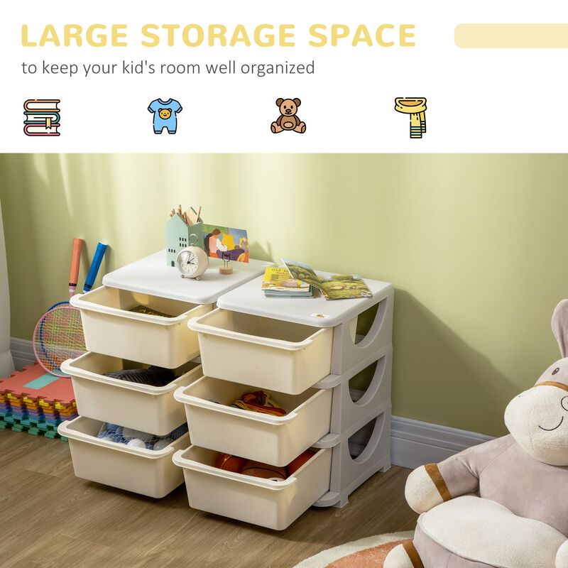 Kids Toy Storage Organizer with 6 Drawers, 3 Tier Kids Storage Units, Toy Organizer for Nursery Playroom Kindergarten, Cream