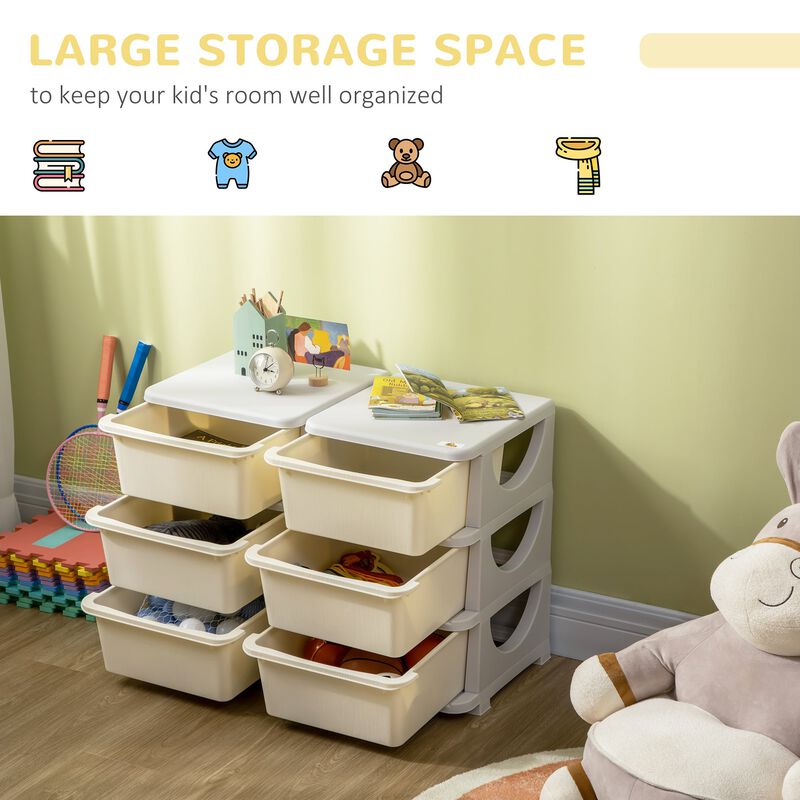 Cream Toy Storage: Kids' 3-Tier Organizer with 6 Drawers