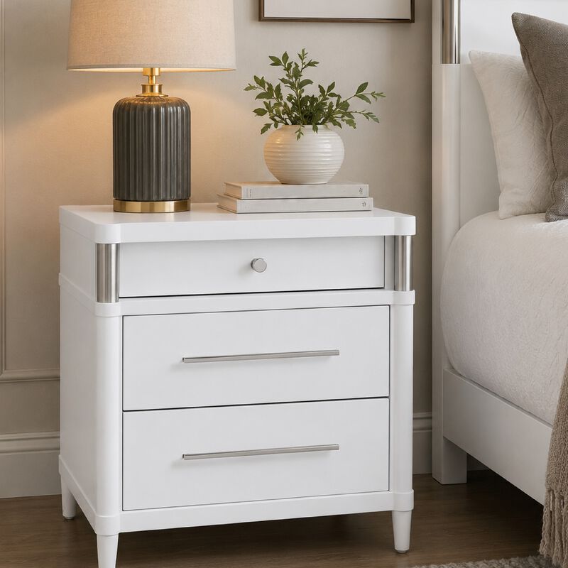 Ruvie Nightstand with 3 Drawers, Metal Post Accent, White Wood 26 Inch image number 8