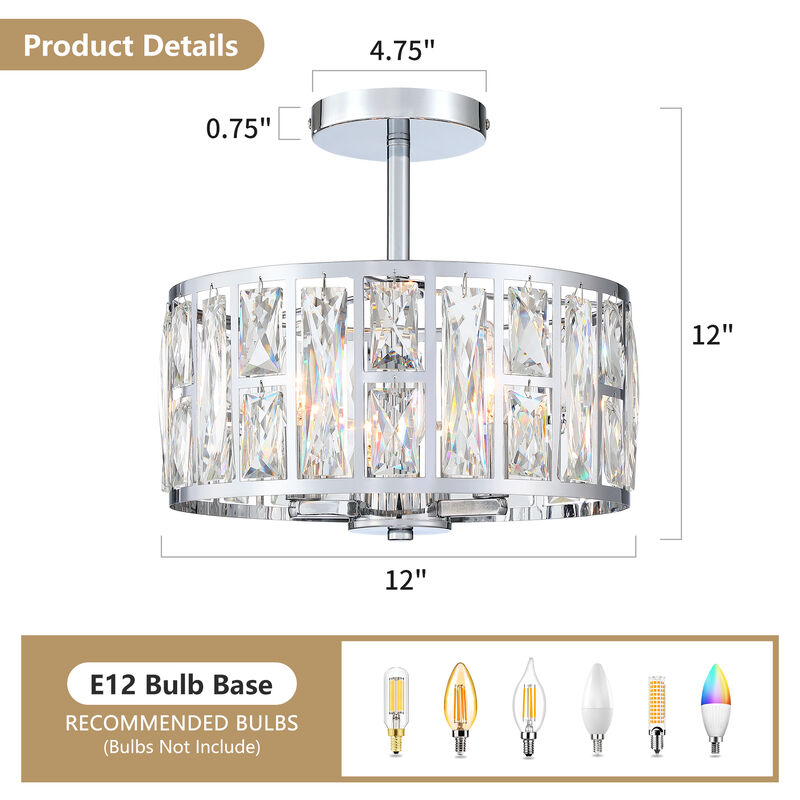 12 in. Modern Glam 3-Light Polished Chrome Semi-Flush Mount Ceiling Light with Clear K9 Crystal image number 2