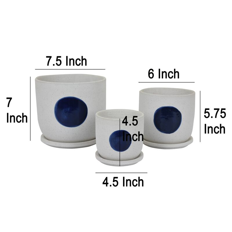 Meon 3pc Garden Planter Set, Textured White and Blue Ceramic Design - Benzara