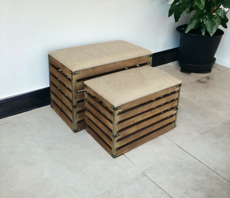 Set of 2 Upholstered Storage Benches with Flip Top and Wood Slat Base for Entryway