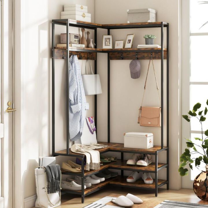 Hivvago Corner Garment Rack with Open Shelves and 7 Hooks Shoe Bench