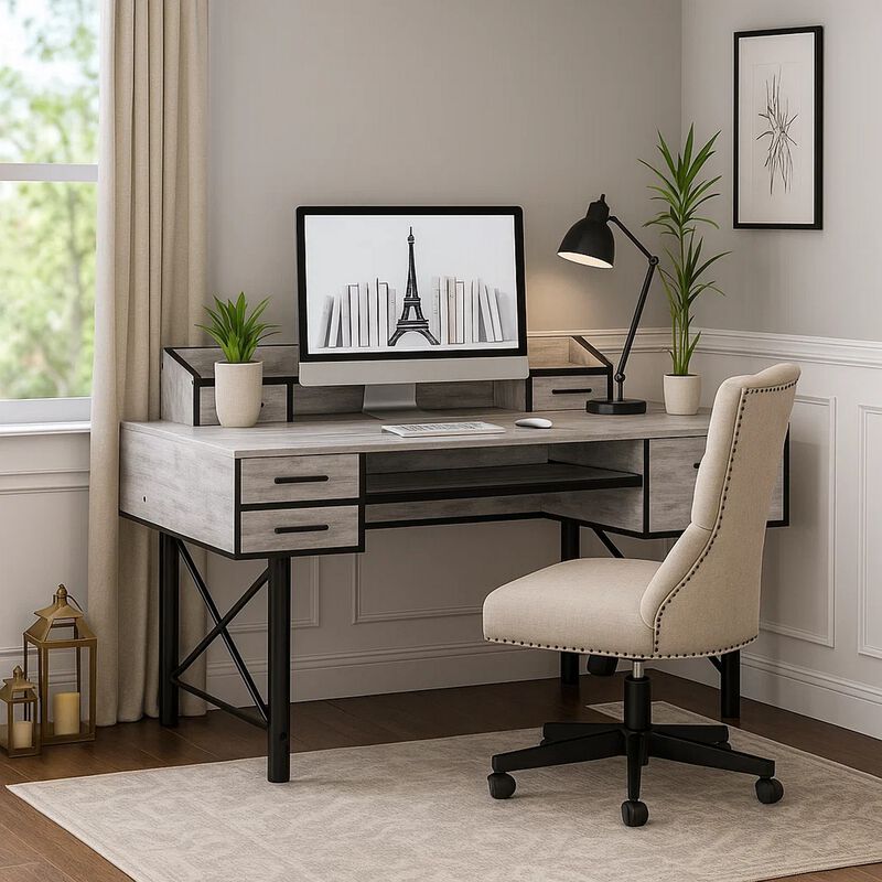 Computer Desk with 5 Drawers and Grains, Antique White and Black