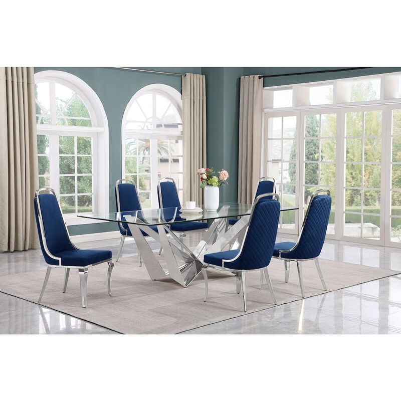 7pc Large(94") glass dining set with silver base and 6 Navy blue side chairs