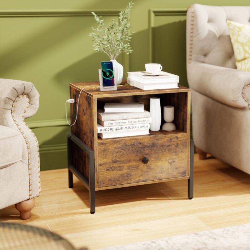 Hivvago Nightstand with Charging Station and Drawer Sofa Side Table