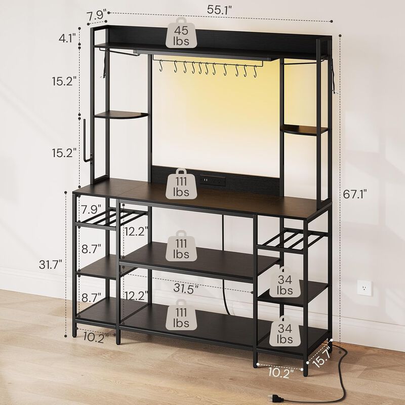 Large Bakers Rack with LED Lights & Power Outlet, 55" Wide Microwave Stand, 6-Tier Kitchen Racks and Shelves, Wine Glass Holder, 11 Hooks with App Control image number 2