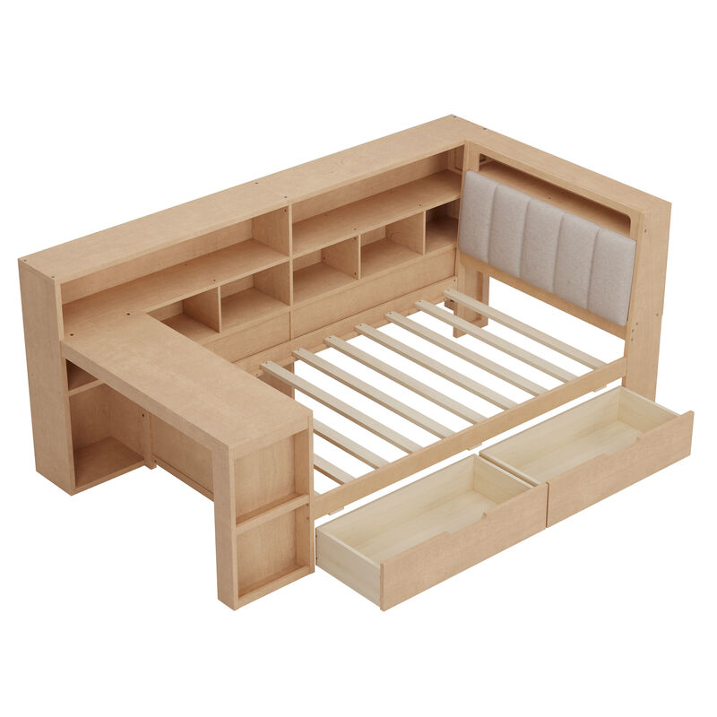 Merax L-shaped Wooden Daybed with Desk and Storage Bookcase