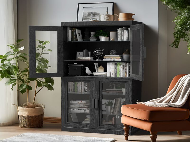 62" High Black Glass Door Wood Grain Decorative Storage Cabinet Display Cabinet, with Sufficient Space for 12 Shelves