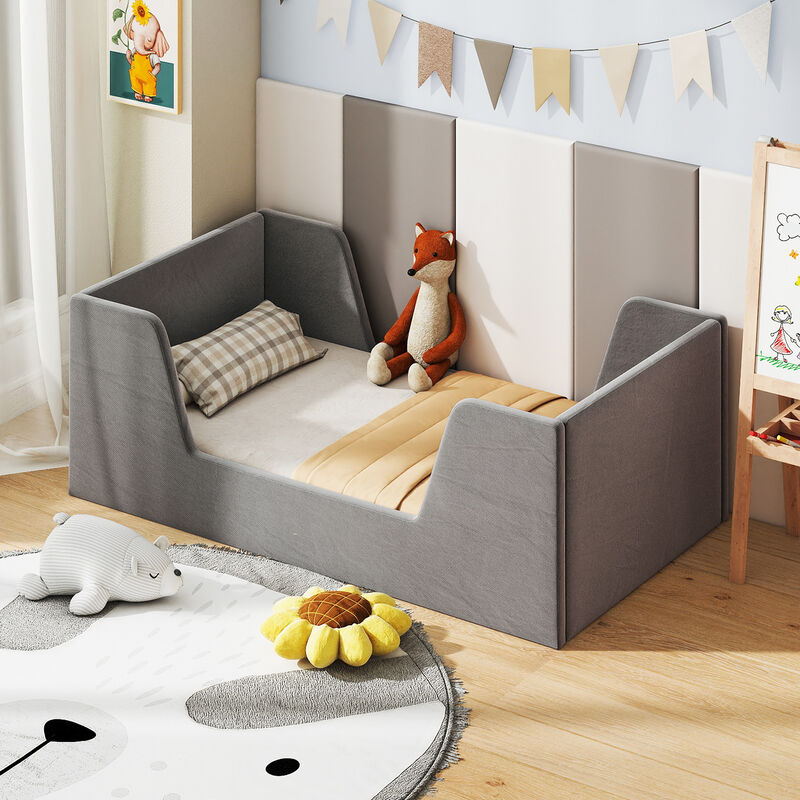 Velvet Upholstered Toddler Bed Frame with Protective Safety Rails image number 1