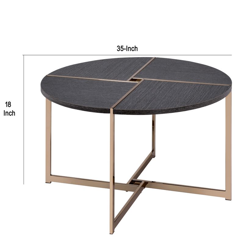 Coffee Table with X Shaped Metal Base and Round Wooden Top, Gold and Gray-Benzara
