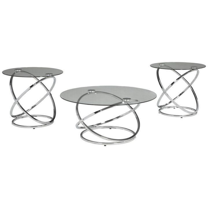 Contemporary Glass Top Table Set with Metal Rings Base, Clear and Silver-Benzara