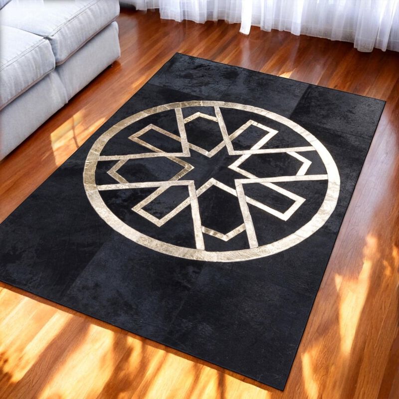 Black Cowhide Patchwork Rug Gold Geometric Design image number 1
